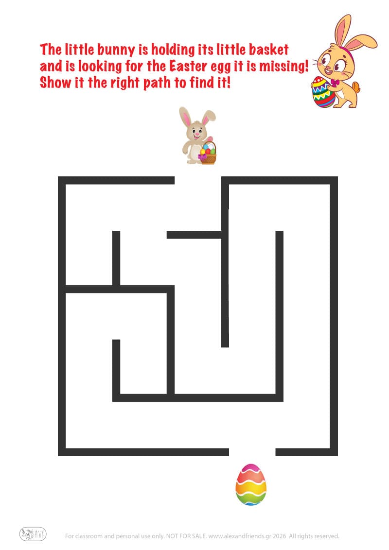 Bunny and Easter egg. Easter maze worksheets for kids 