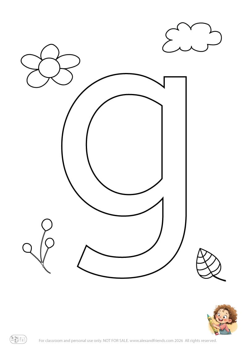 Letter g. Printable English alphabet coloring pages for children learning letters