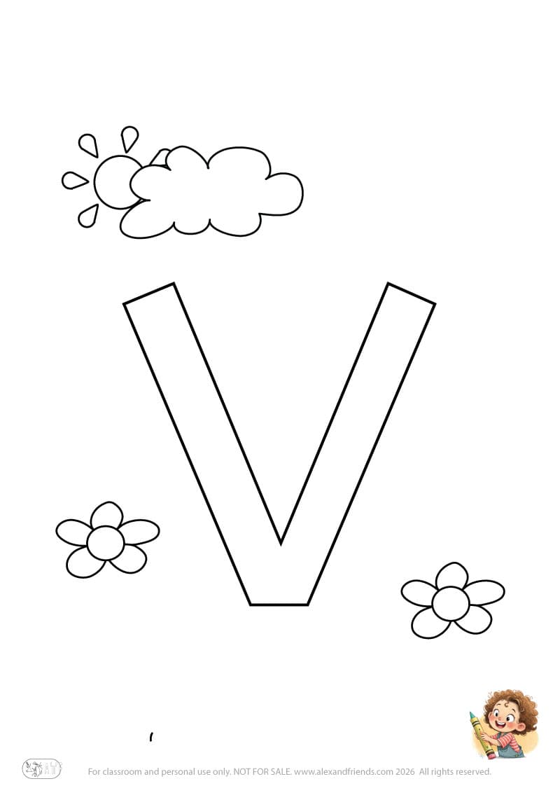 Letter v. Printable English alphabet coloring pages for children learning letters