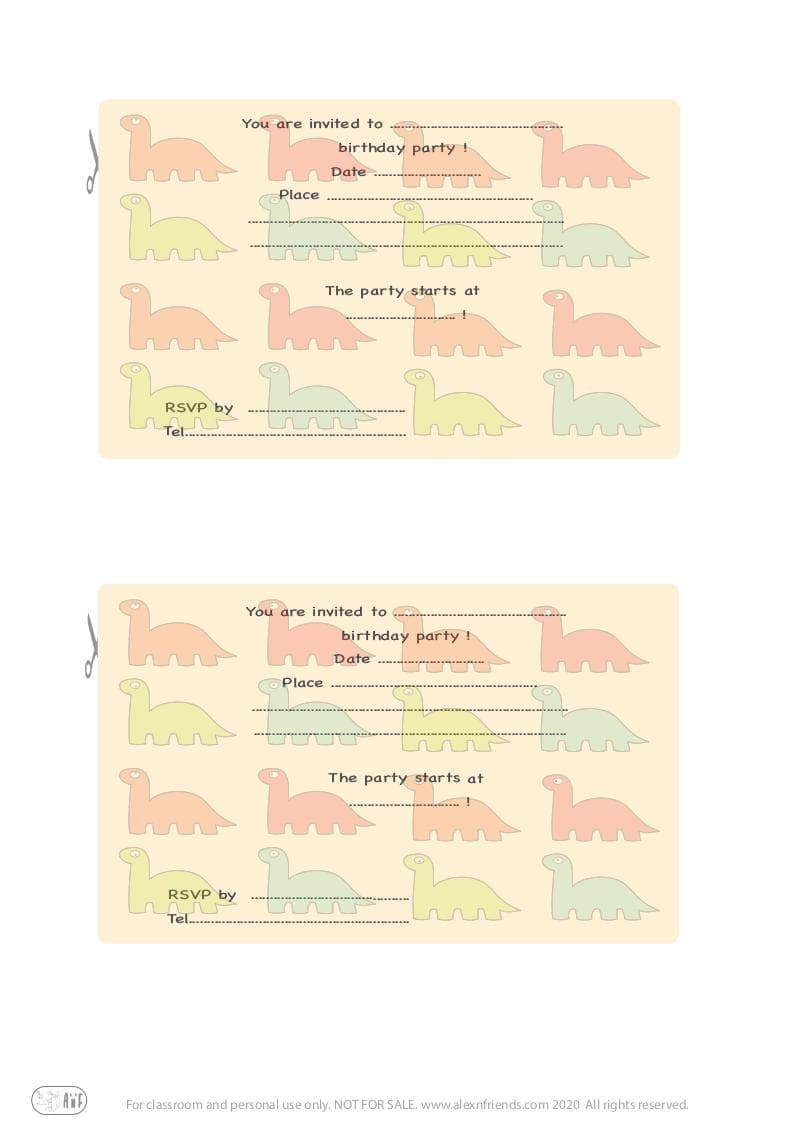 Free printable kid's birthday invitation in english with dinosaurs in yellow background.