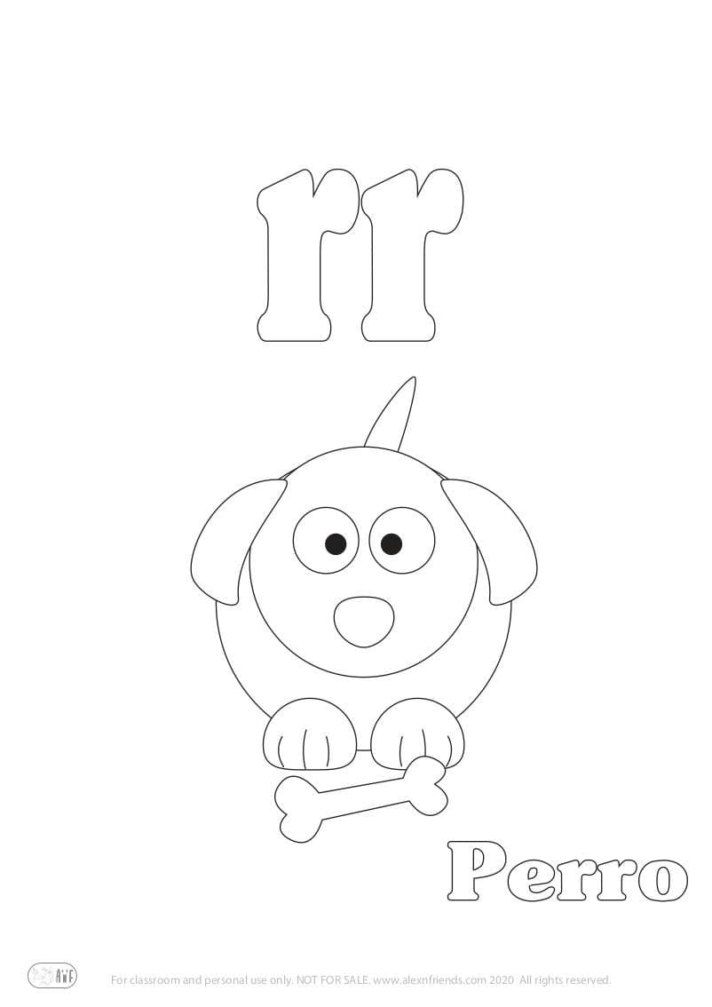 Learning Spanish alphabet for kids. Free printable coloring page with letter rr and dog