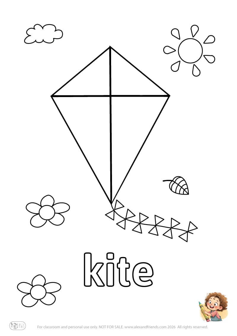 Letter k - kite. Printable English alphabet coloring pages for children learning letters