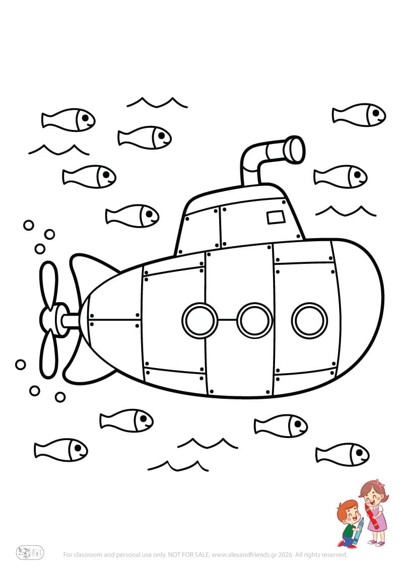 Submarine. Simple coloring page printable for toddlers and preschoolers