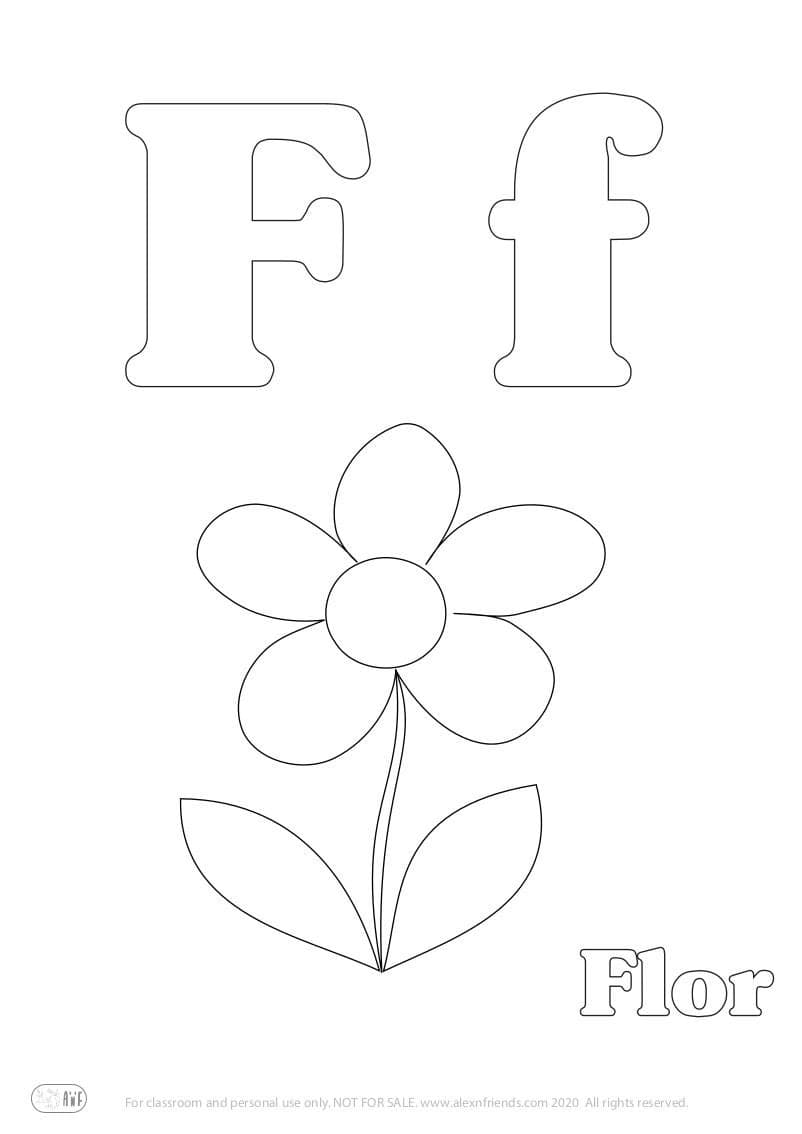 Learning Spanish alphabet for kids. Free printable coloring page with letter F f and flower