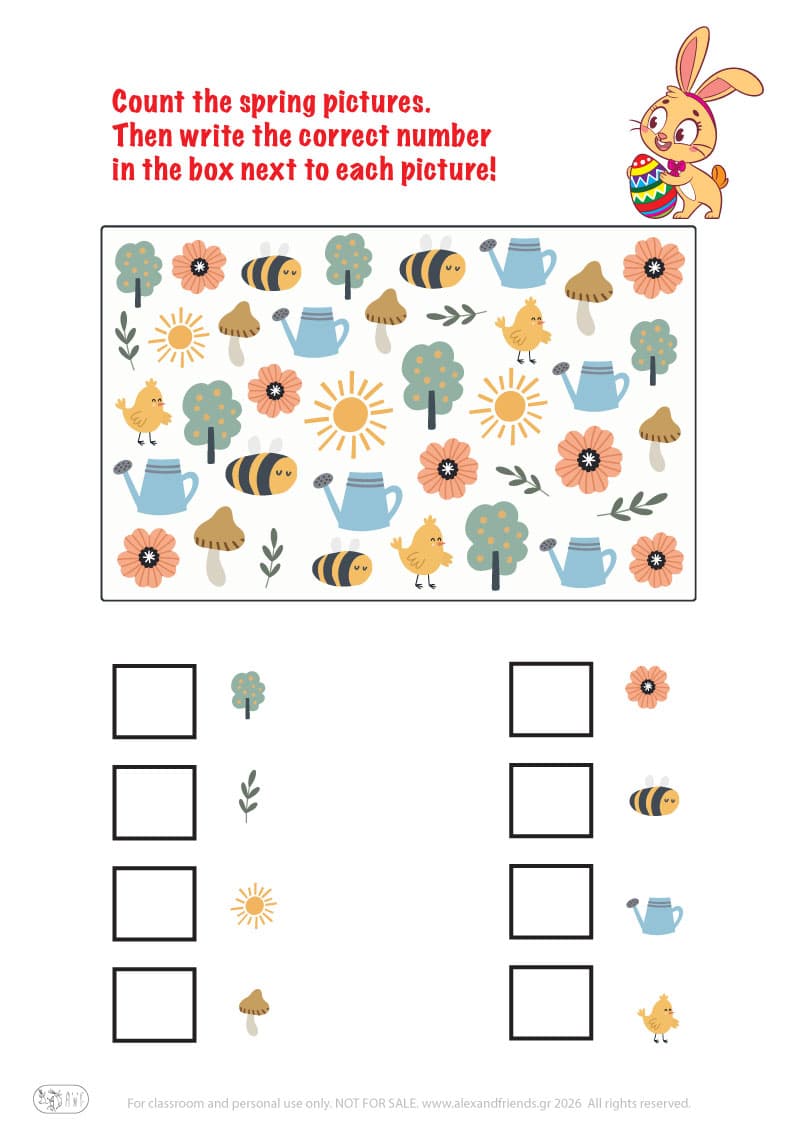 Count the pictures. Printable Easter preschool worksheet 