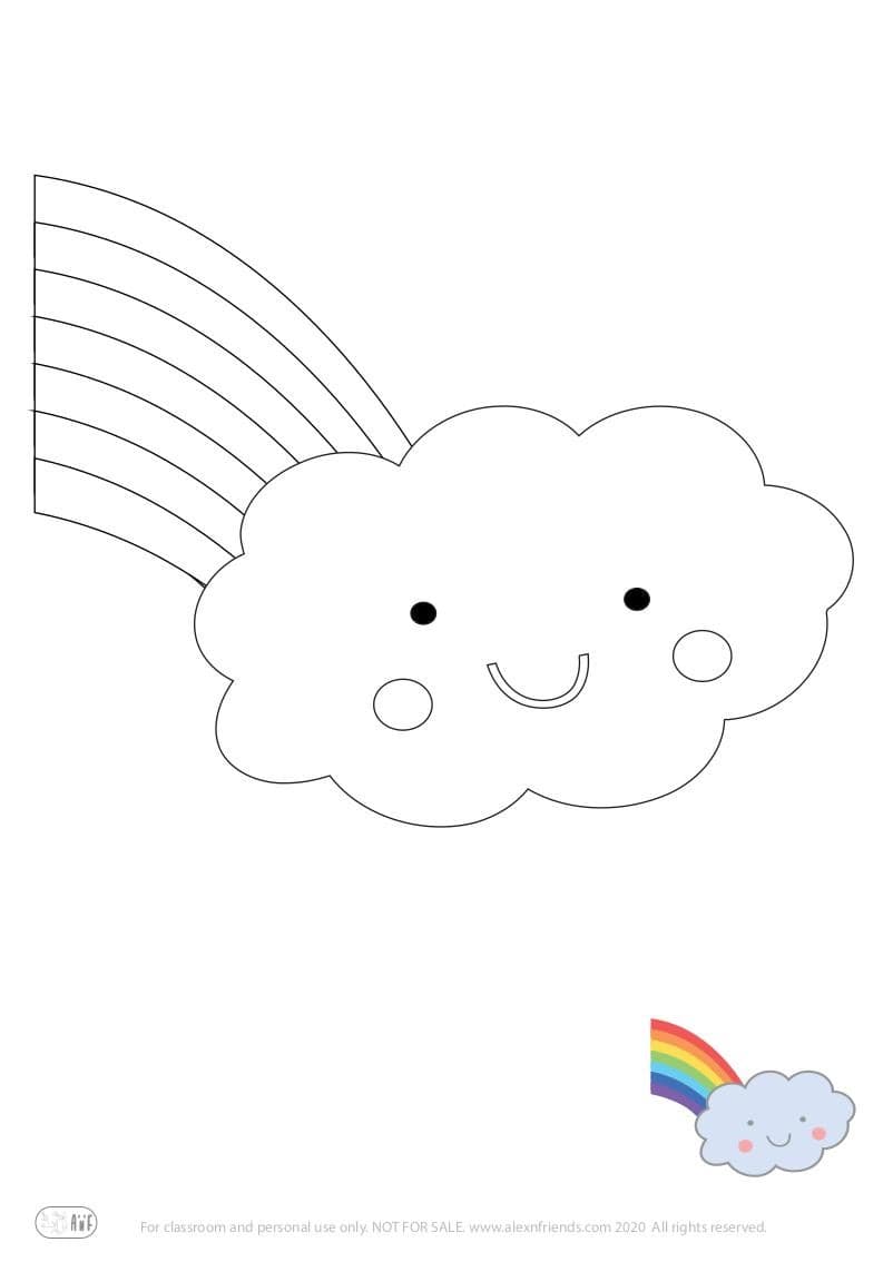 Learning activity for kids. Free printable coloring page of cloud and rainbow