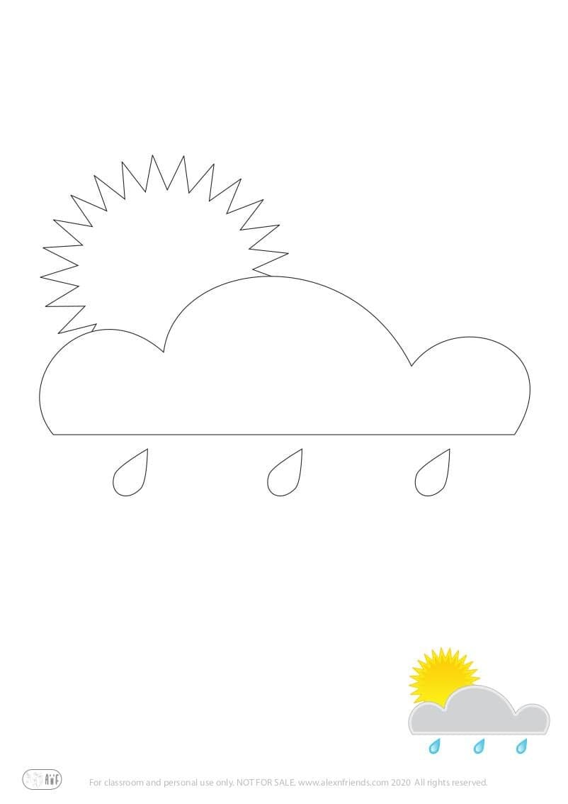 Learning activity for kids. Free printable coloring page of clouds, rain and sun