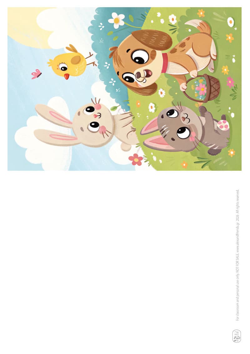 Κάρτα με λαγουδάκι και ζωάκια. Εκτυπώσιμες πασχαλινές ευχετήριες κάρτες