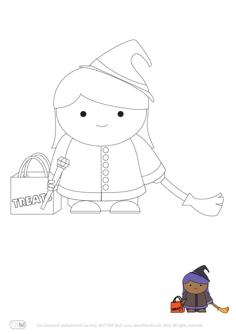 Halloween. Free printable coloring page for kids. Girl witch with broomstick.
