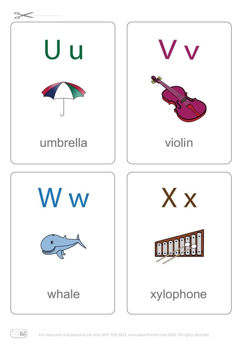 Learning english alphabet for kids. Free printable flash card with letters U u, V v, W w, X x and umbrella, violin, whale, xylophone