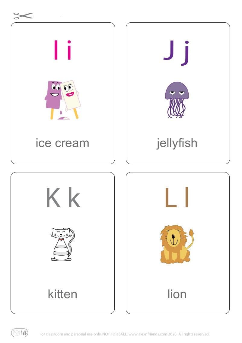 Learning english alphabet for kids. Free printable flash card with letters I i, J j, K k, L l and ice cream, jellyfish, kitten, lion