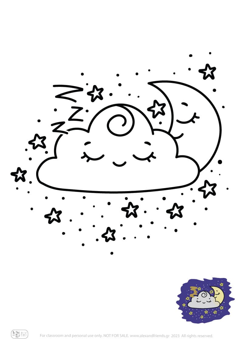 Εκπαιδευτική δραστηριότητα για παιδιά. Δωρεάν εκτυπώσιμο φύλλο ζωγραφικής με σύννεφο και φεγγάρι
