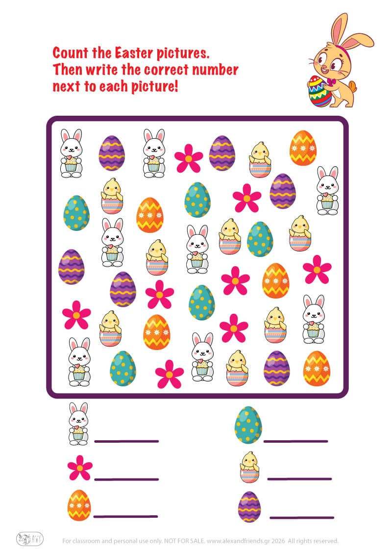 Count the Easter pictures. Printable Easter preschool worksheet 
