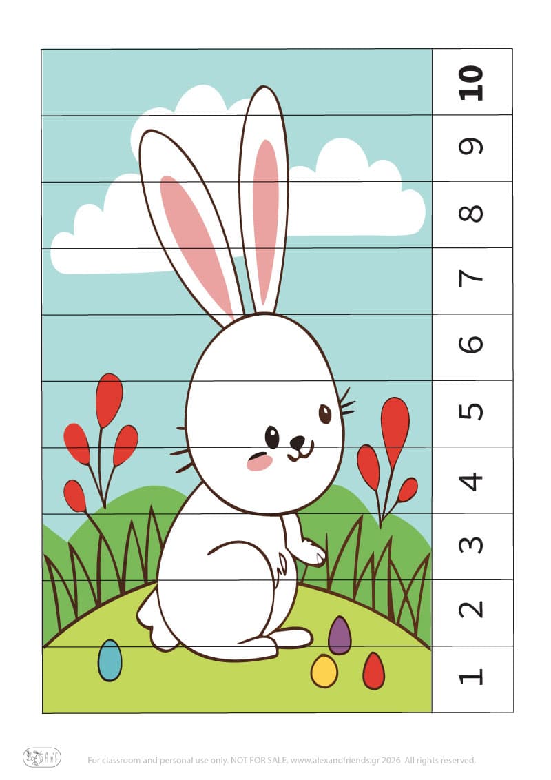 Easter bunny- numbers 1-10. Colorful Easter number puzzle printable for preschool children learning numbers
