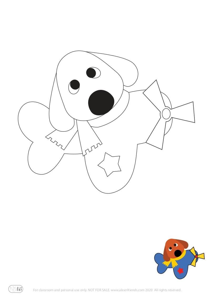 Learning activity for kids. Free printable coloring page of a dog and airplane