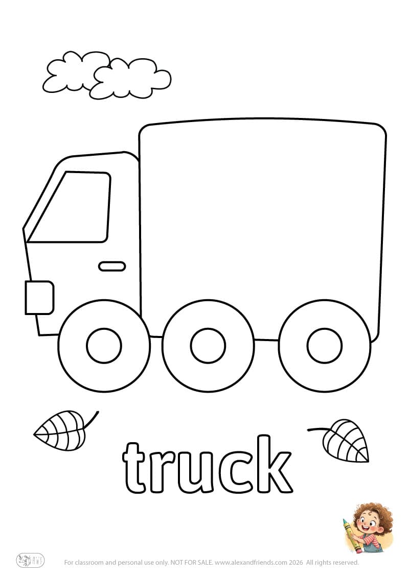 Letter t - truck. Printable English alphabet coloring pages for children learning letters