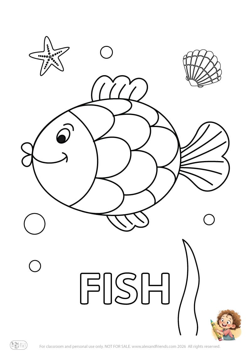 Letter F - FISH. Printable English alphabet coloring pages for children learning letters