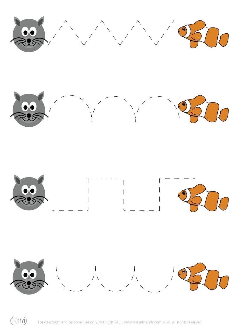 Pre-writing exercise for preschoolers with cat and fish