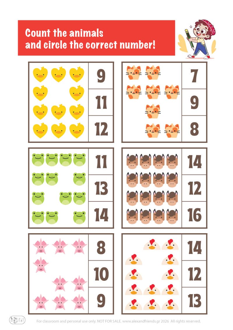 Count the animals. Printable worksheets and activities that help kids practice number recognition and early math skills.