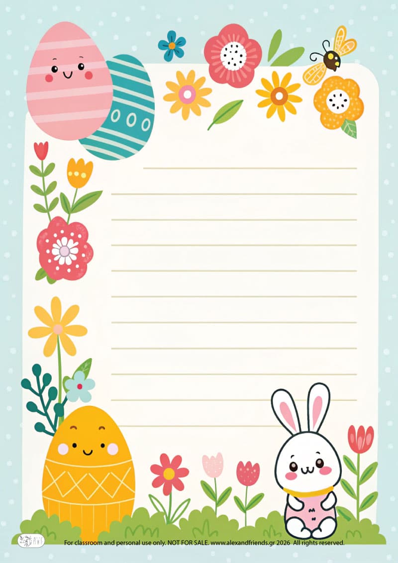 Bunnies, eggs and flowers. Printable Easter writing paper for kids with festive spring designs