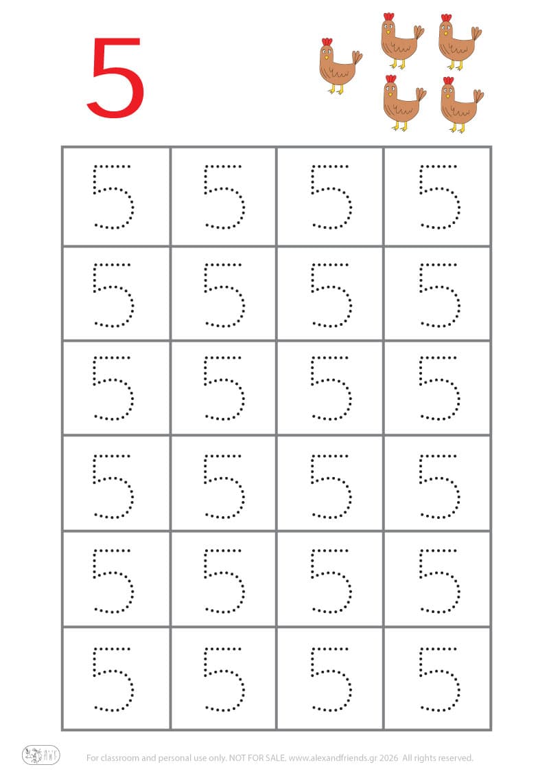 Προγραφική - Αριθμός 5. Δραστηριότητα γραφής αριθμών για νηπιαγωγείο, εκπαιδευτικό φύλλο εργασίας αριθμών