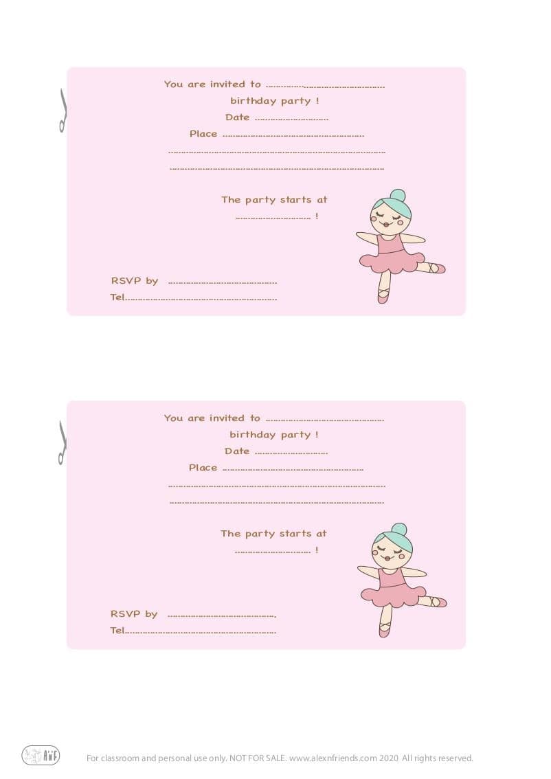 Free printable kid's birthday invitation in english with ballerina in pink background.