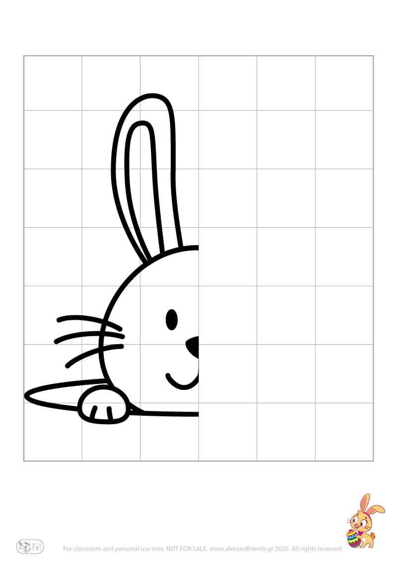 Easter symmetry drawing worksheet showing half for preschool children to complete