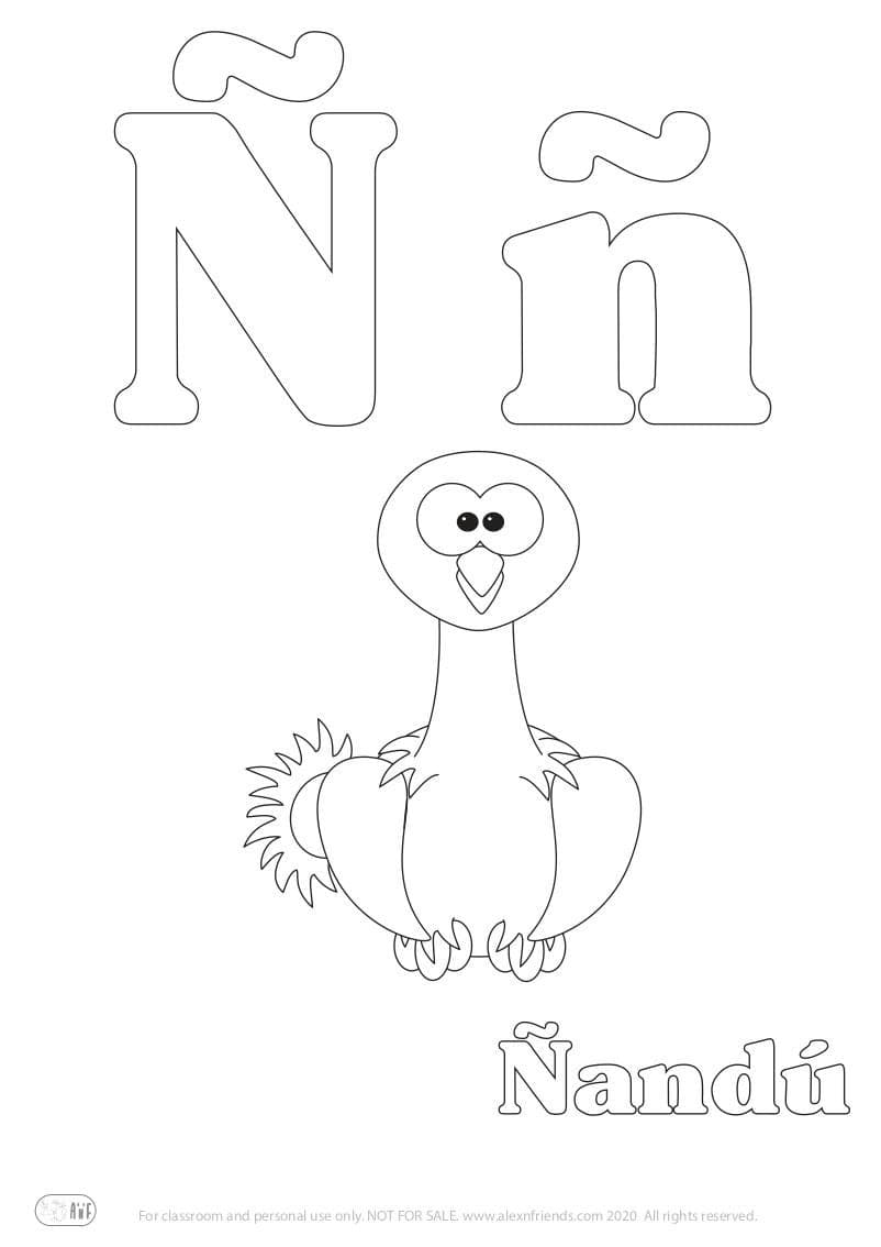 Learning Spanish alphabet for kids. Free printable coloring page with letter Ñ ñ and rhea bird