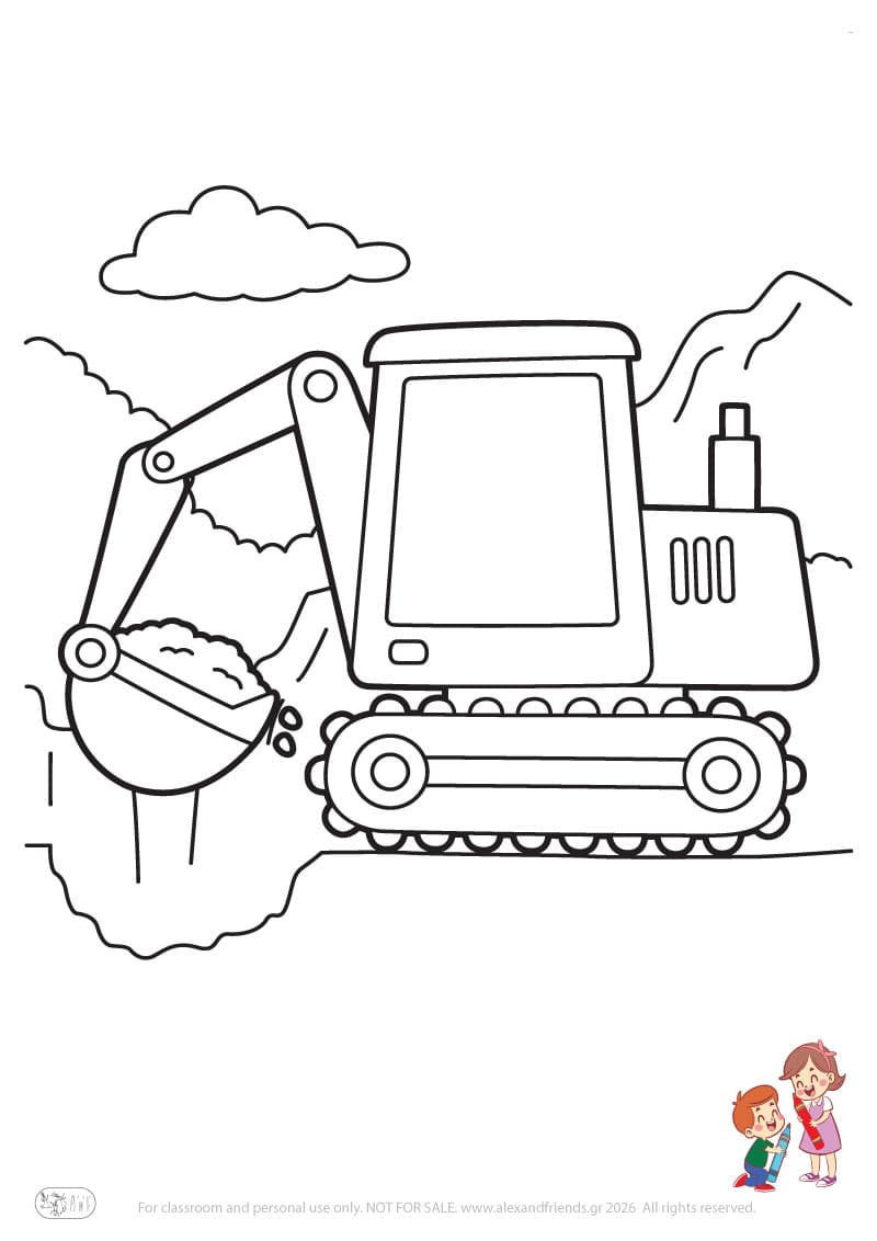 Excavator. Simple coloring page printable for toddlers and preschoolers