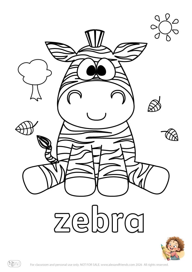 Letter z - zebra. Printable English alphabet coloring pages for children learning letters