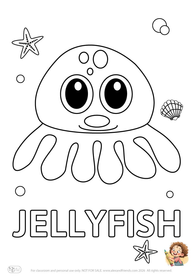 Letter J - JELLYFISH. Printable English alphabet coloring pages for children learning letters
