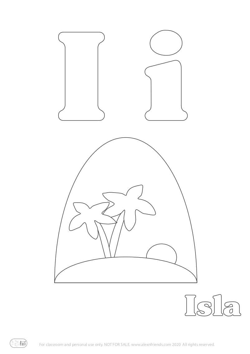 Learning Spanish alphabet for kids. Free printable coloring page with letter I i and island
