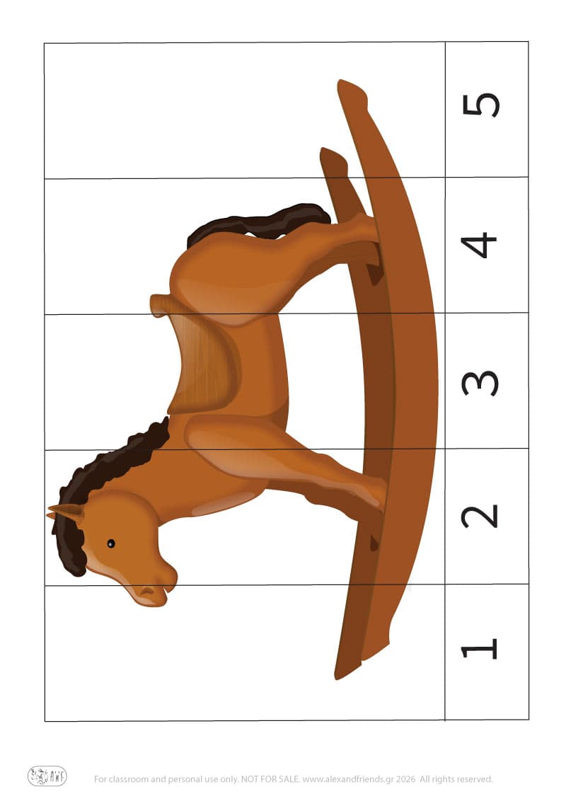 Rocking horse. Printable educational number puzzle. Learn numbers activity for kids