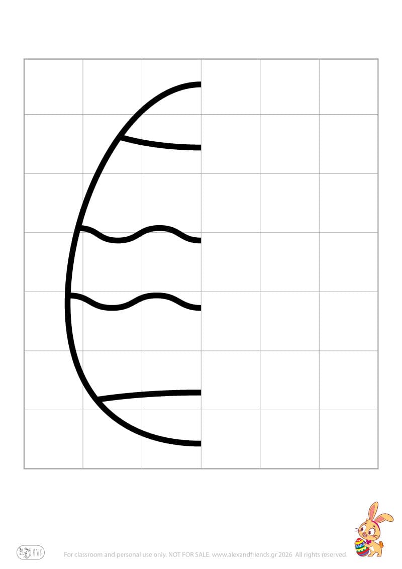 Easter symmetry drawing worksheet showing half for preschool children to complete