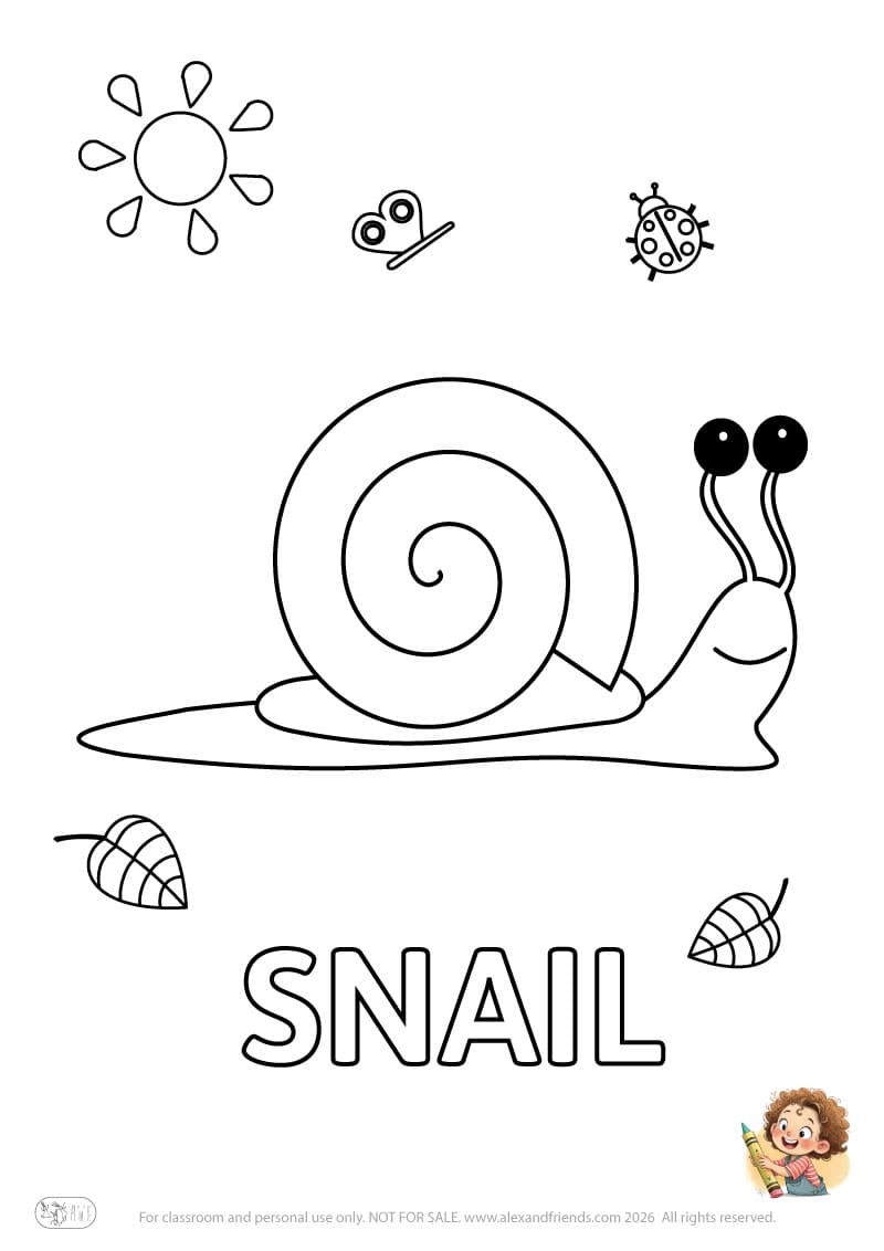 Letter S - SNAIL. Printable English alphabet coloring pages for children learning letters