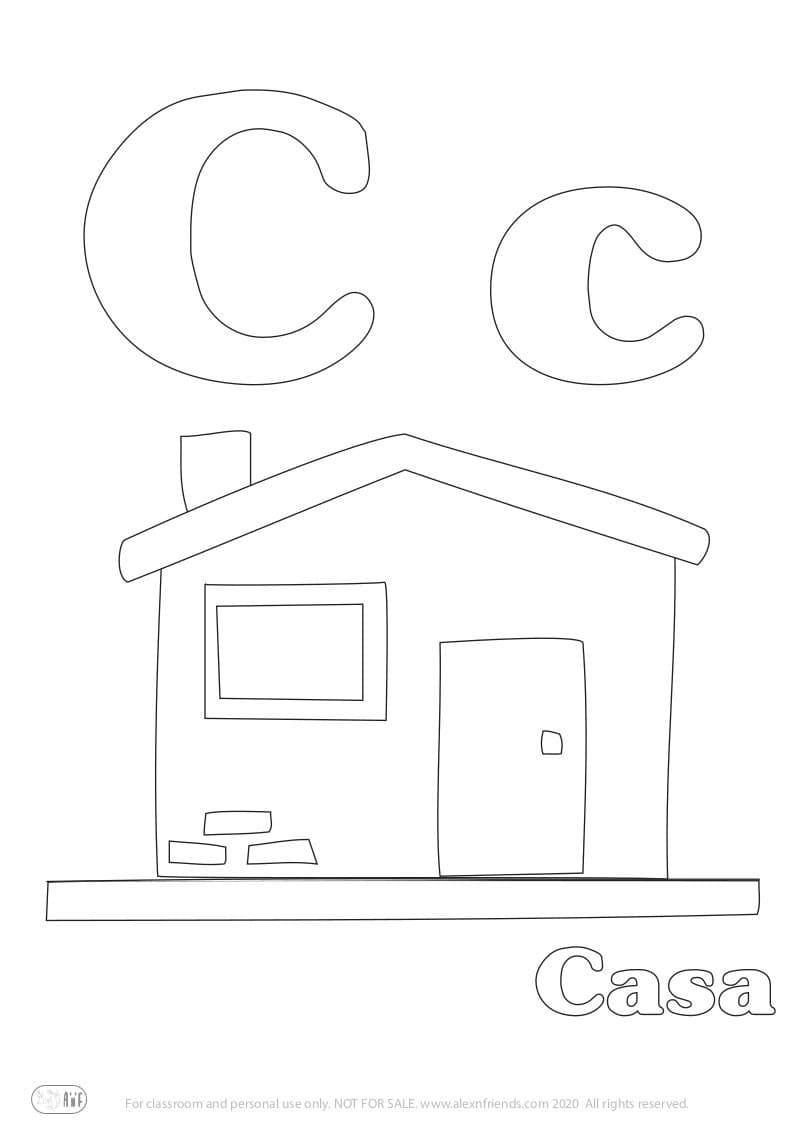 Learning Spanish alphabet for kids. Free printable coloring page with letter C c and house