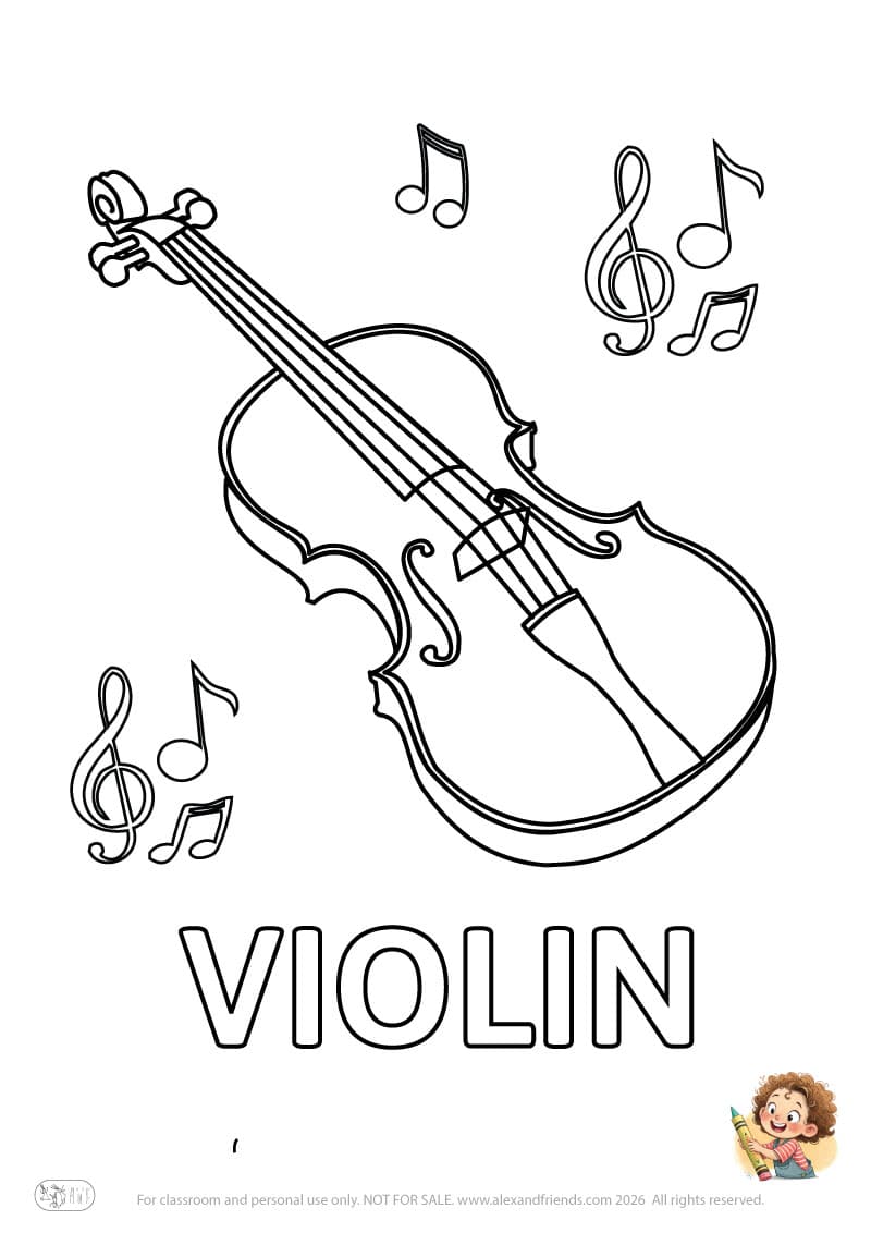 Letter V - VIOLIN. Printable English alphabet coloring pages for children learning letters