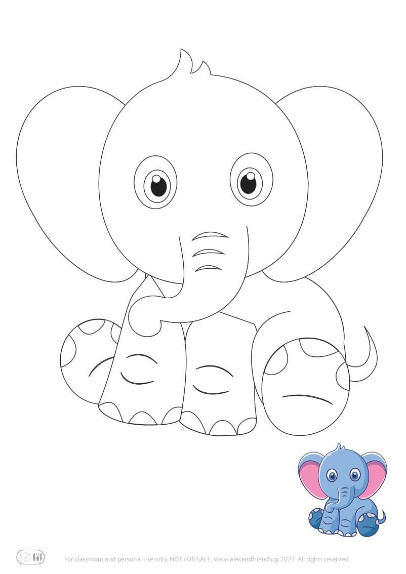 Free Coloring Pages for kids toddlers preschool kindergarten. Elephant.