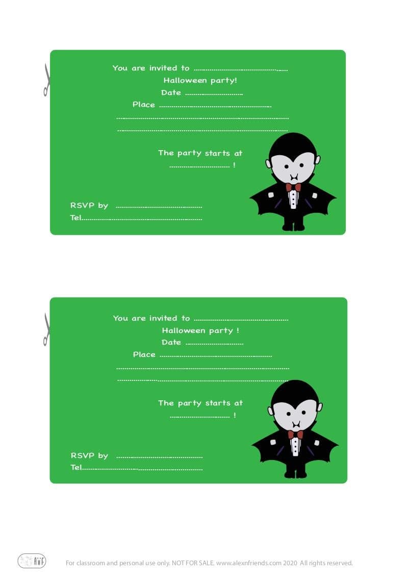 Halloween. Free printable invitation in english for kids party. Kid disguised as dracula.