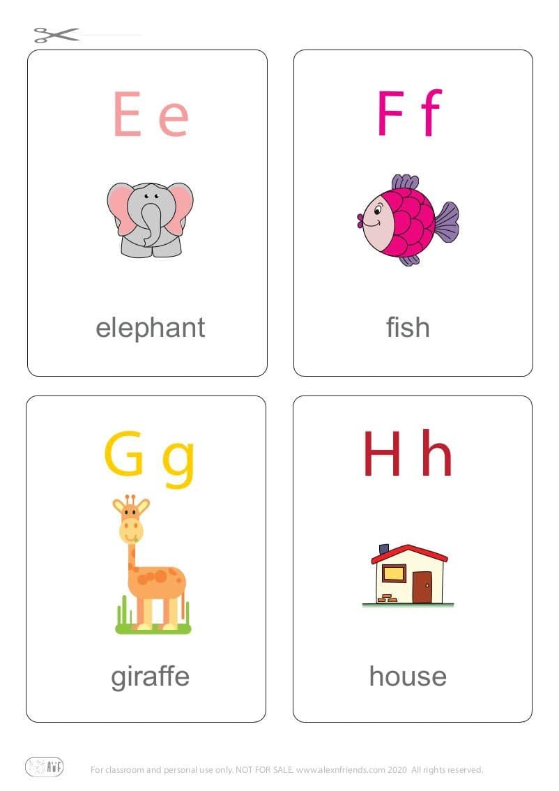 Learning english alphabet for kids. Free printable flash card with letters E e, F f, G g, H h and an elephant, fish, giraffe, house