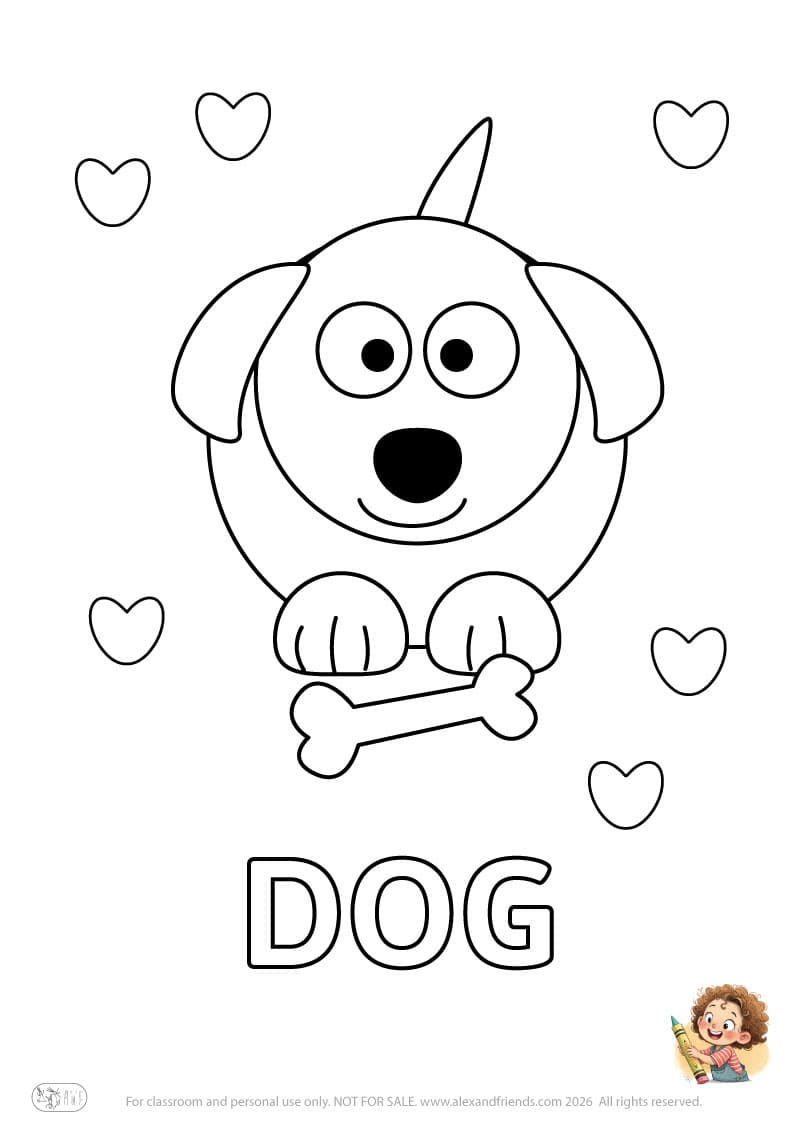 Letter D - DOG. Printable English alphabet coloring pages for children learning letters