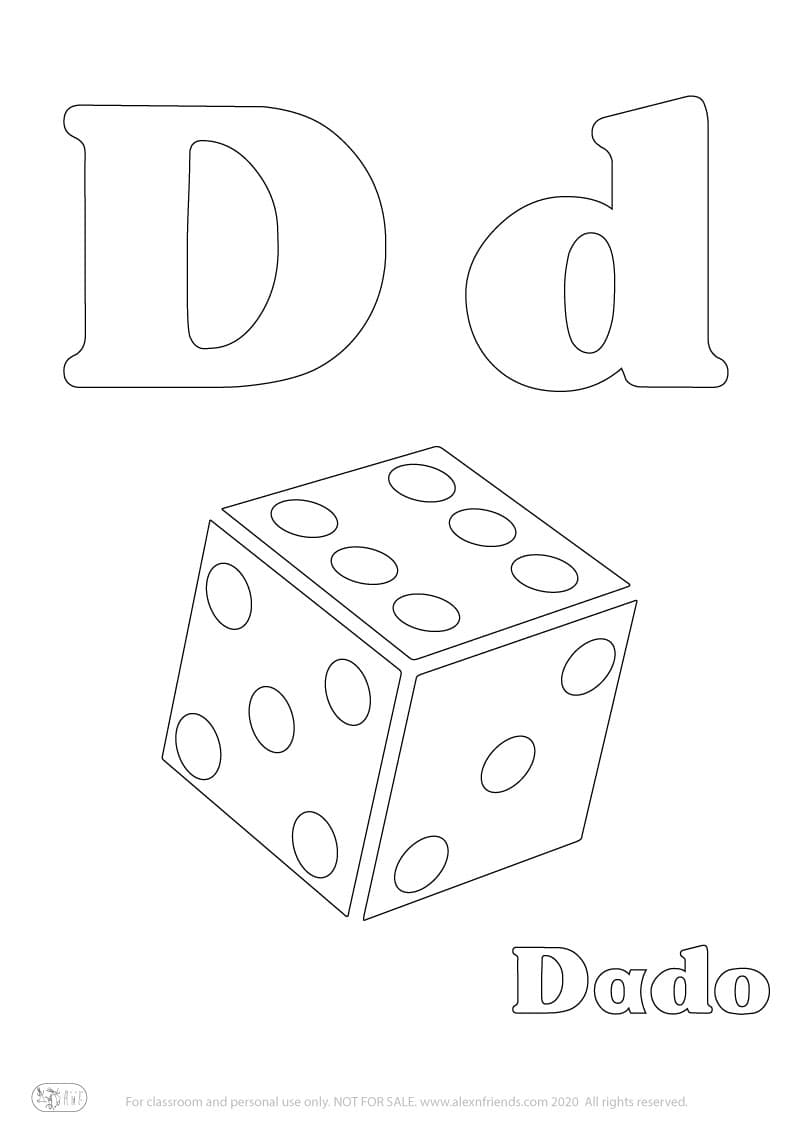 Εκμάθηση της Iσπανικής αλφάβητου για παιδιά. Δωρεάν εκτυπώσιμο φύλλο ζωγραφικής με το γράμμα D d και ζάρι