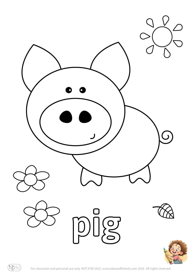 Letter p - pig. Printable English alphabet coloring pages for children learning letters