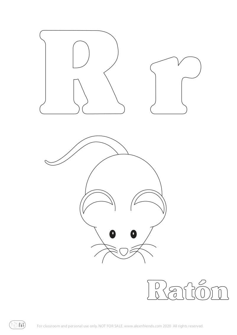 Learning Spanish alphabet for kids. Free printable coloring page with letter R r and mouse