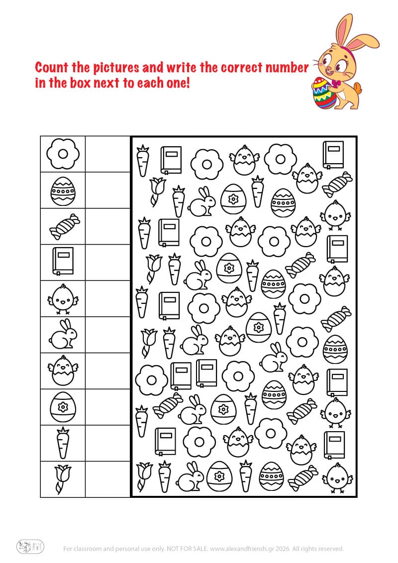 Count the pictures. Printable Easter preschool worksheet 