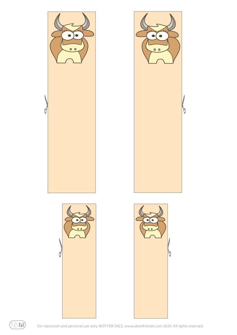 Free printable cute bookmarks for kids. Bull.