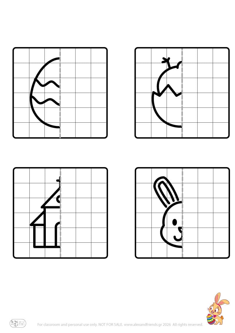 Easter symmetry drawing worksheet showing half for preschool children to complete
