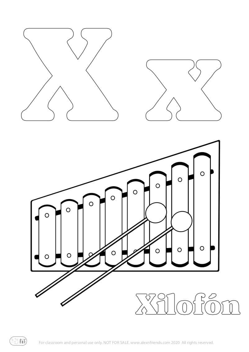 Learning Spanish alphabet for kids. Free printable coloring page with letter X x and xylophone