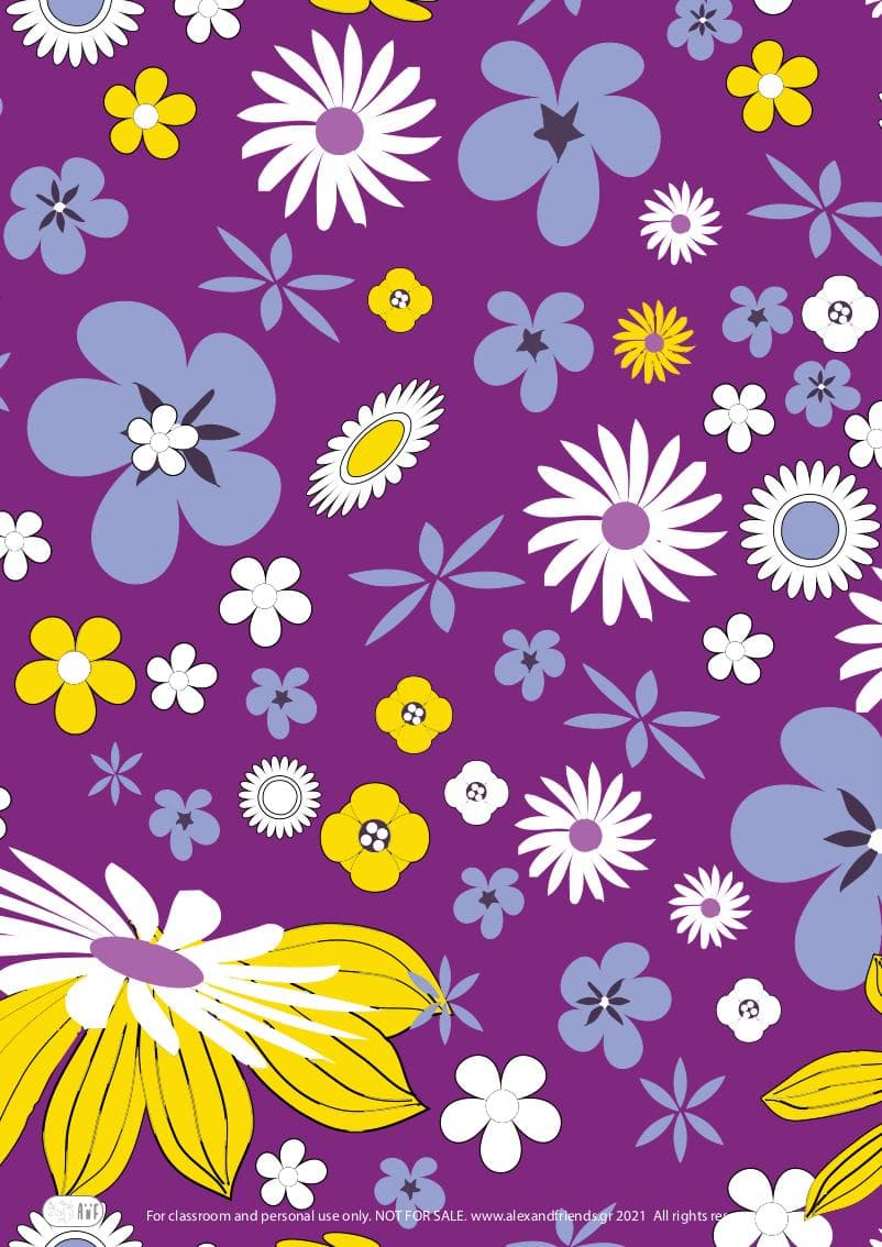Free printable wrapping paper for Easter with Easter and spring motifs. Flowers in purple background.
