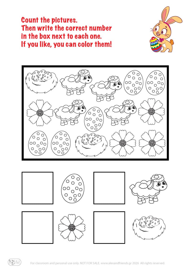 Count the pictures. Printable Easter preschool worksheet 